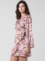 Women's White Woven Casual Printed Above Knee Full Sleeves Dress