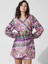 Women's Purple Woven Casual Printed Above Knee Full Sleeves Dress