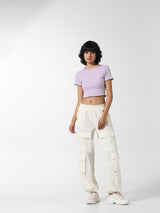 Women's Purple Knitted Casual Solid Cropped Half Sleeves Tshirt