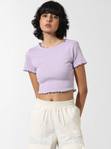 Women's Purple Knitted Casual Solid Cropped Half Sleeves Tshirt