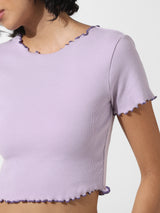 Women's Purple Knitted Casual Solid Cropped Half Sleeves Tshirt