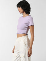 Women's Purple Knitted Casual Solid Cropped Half Sleeves Tshirt