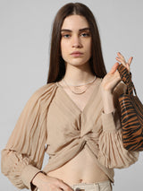 Women's Beige Woven Casual Solid Cropped Full Sleeves Top
