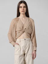 Women's Beige Woven Casual Solid Cropped Full Sleeves Top