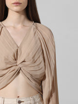 Women's Beige Woven Casual Solid Cropped Full Sleeves Top