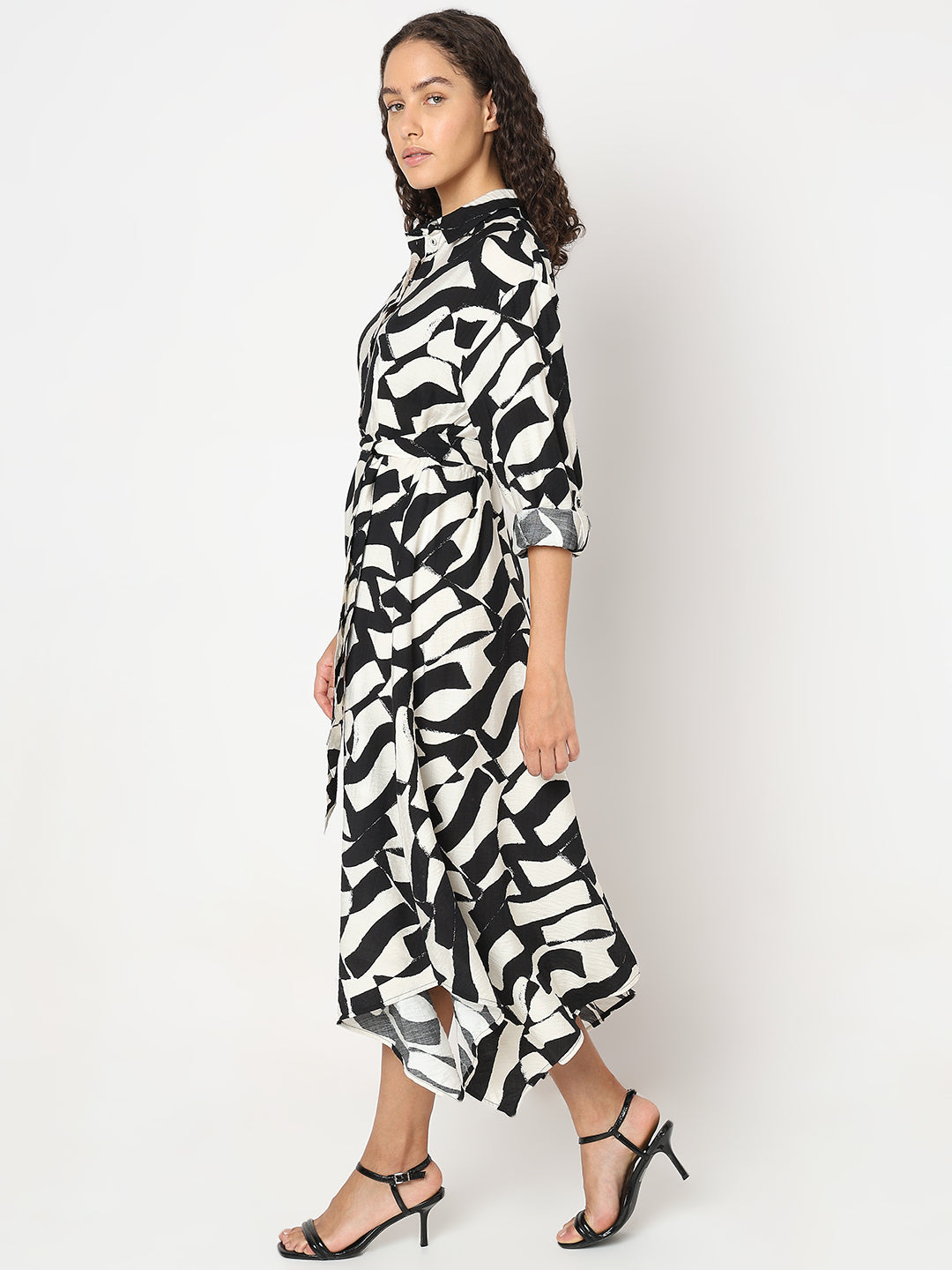 Women's Black Abstract Print Shirt Dress