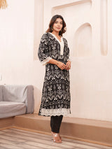 Women's Black Fusion Regular Fit Printed Three Quarter Sleeves Kurtas Sets