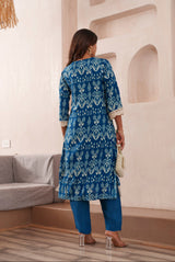 Women's Blue Fusion Regular Fit Printed Three Quarter Sleeves Kurtas Sets