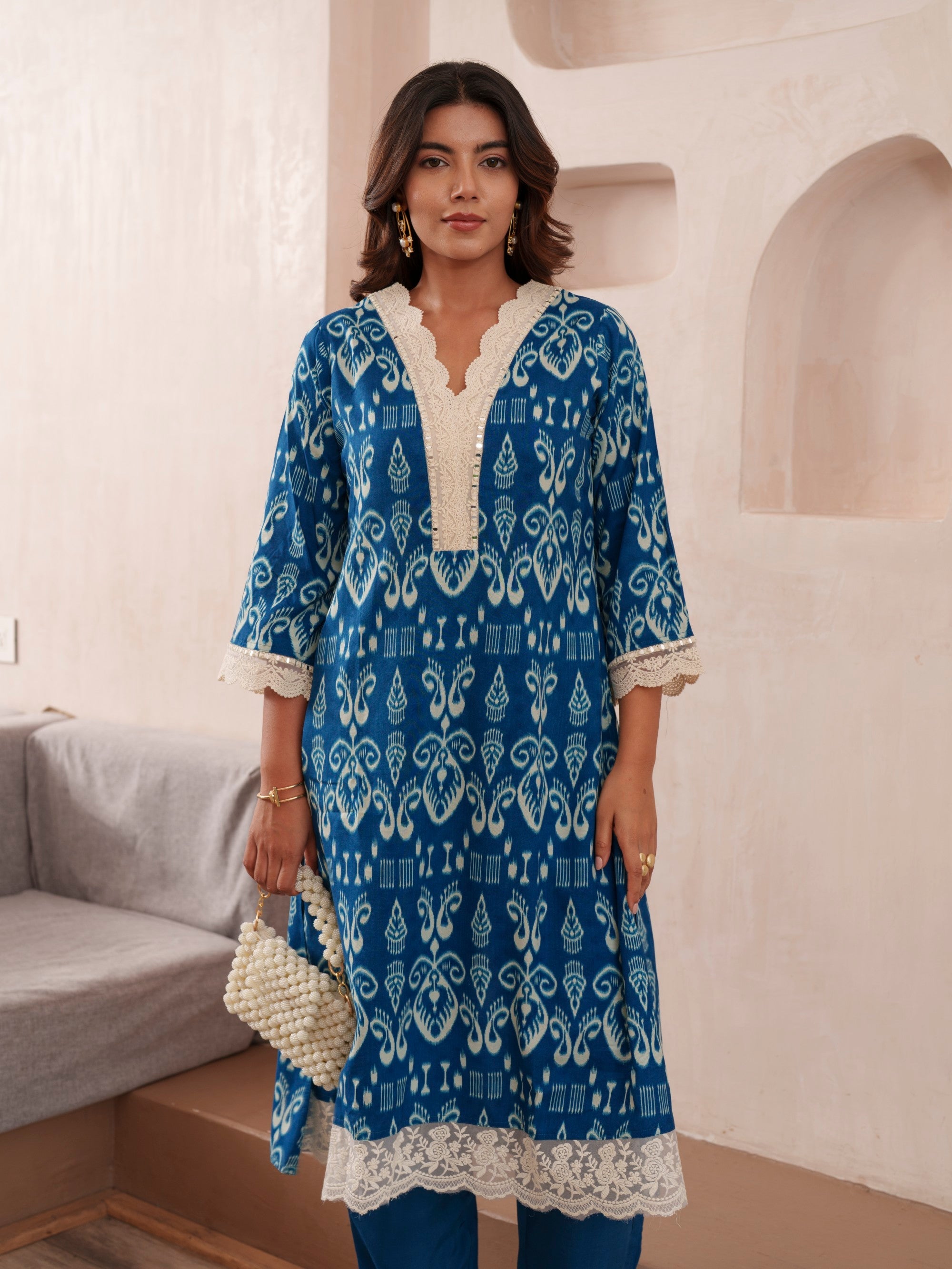 Women's Blue Fusion Regular Fit Printed Three Quarter Sleeves Kurtas Sets