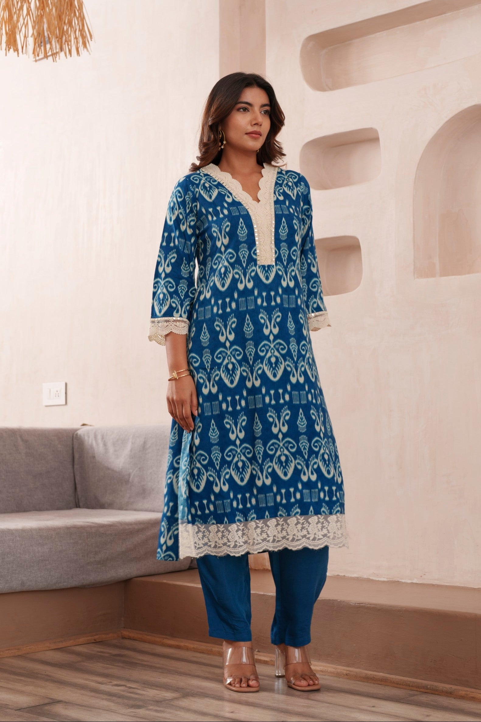 Women's Blue Fusion Regular Fit Printed Three Quarter Sleeves Kurtas Sets