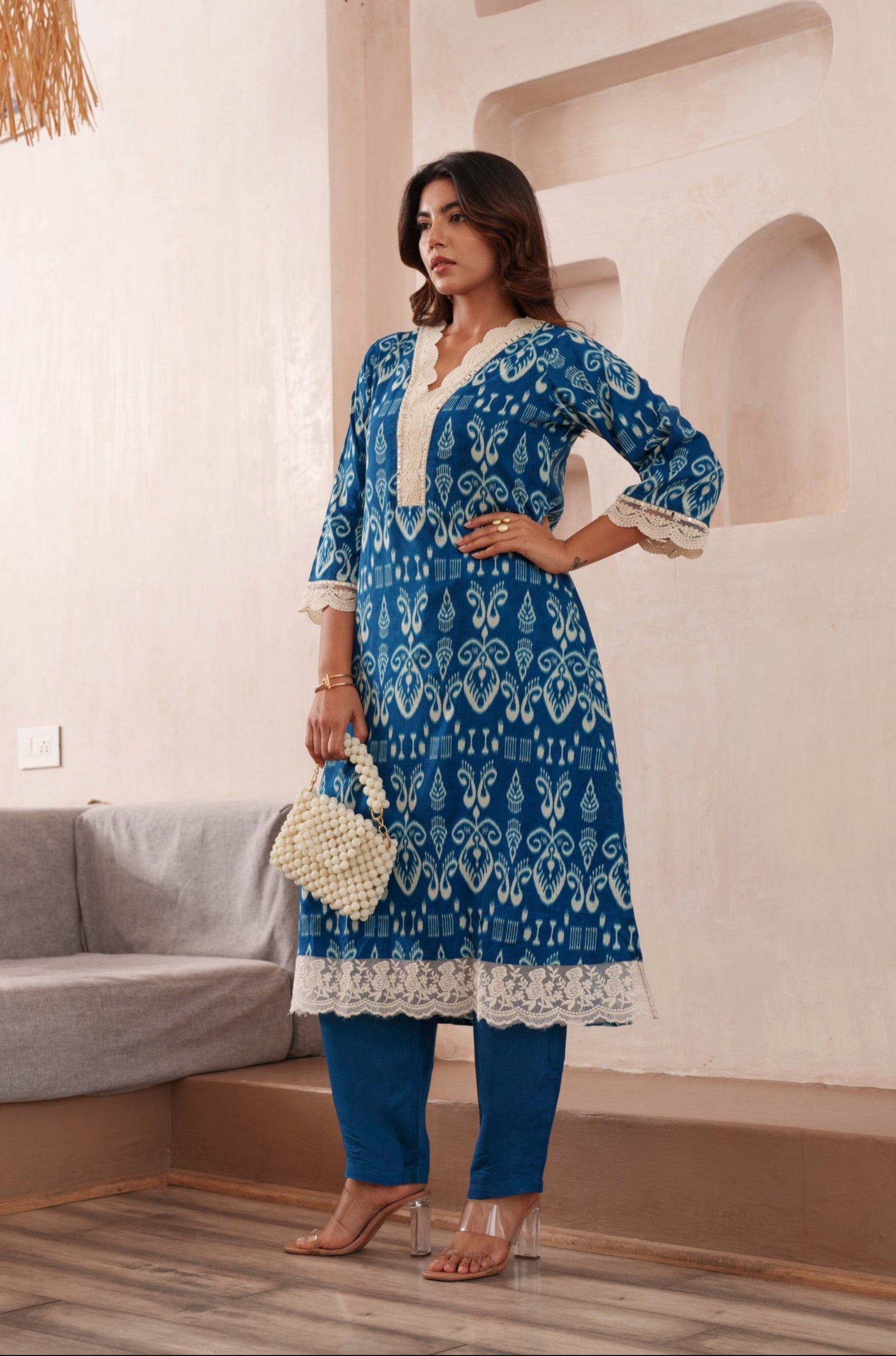 Women's Blue Fusion Regular Fit Printed Three Quarter Sleeves Kurtas Sets