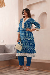 Women's Blue Fusion Regular Fit Printed Three Quarter Sleeves Kurtas Sets