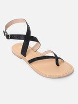 Women's Black Casual Leather Ankle Strap