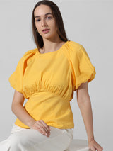 Women's Yellow Woven Casual Solid Regular Fit Half Sleeves Top