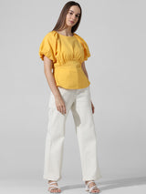 Women's Yellow Woven Casual Solid Regular Fit Half Sleeves Top