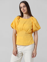 Women's Yellow Woven Casual Solid Regular Fit Half Sleeves Top
