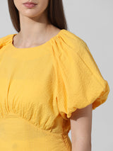 Women's Yellow Woven Casual Solid Regular Fit Half Sleeves Top