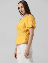 Women's Yellow Woven Casual Solid Regular Fit Half Sleeves Top