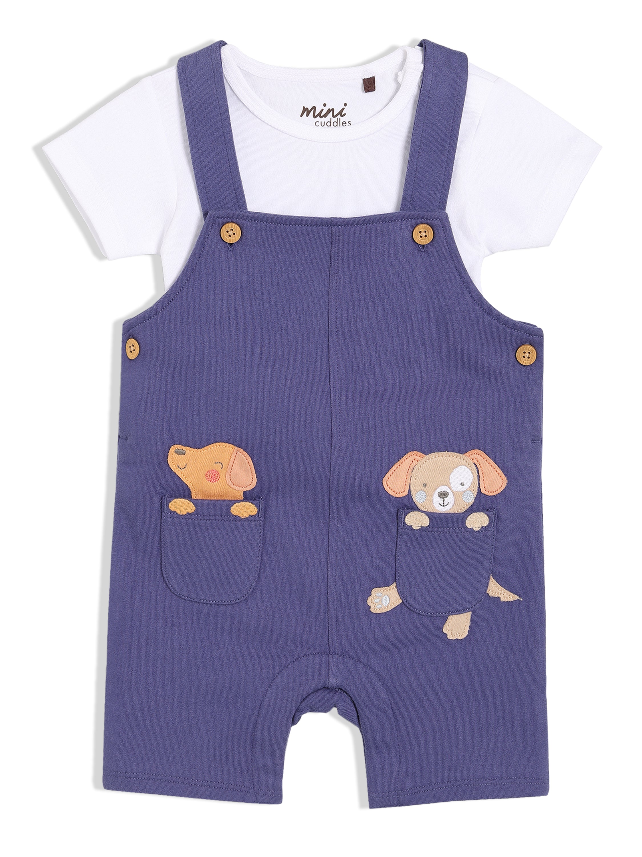 Girls Blue & White Cotton Half Sleeve Dungaree Set