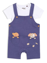 Girls Blue & White Cotton Half Sleeve Dungaree Set