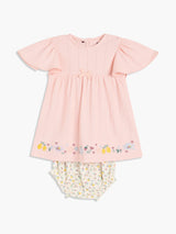 Girls Light Pink & Cream Cotton Half Sleeve Dress