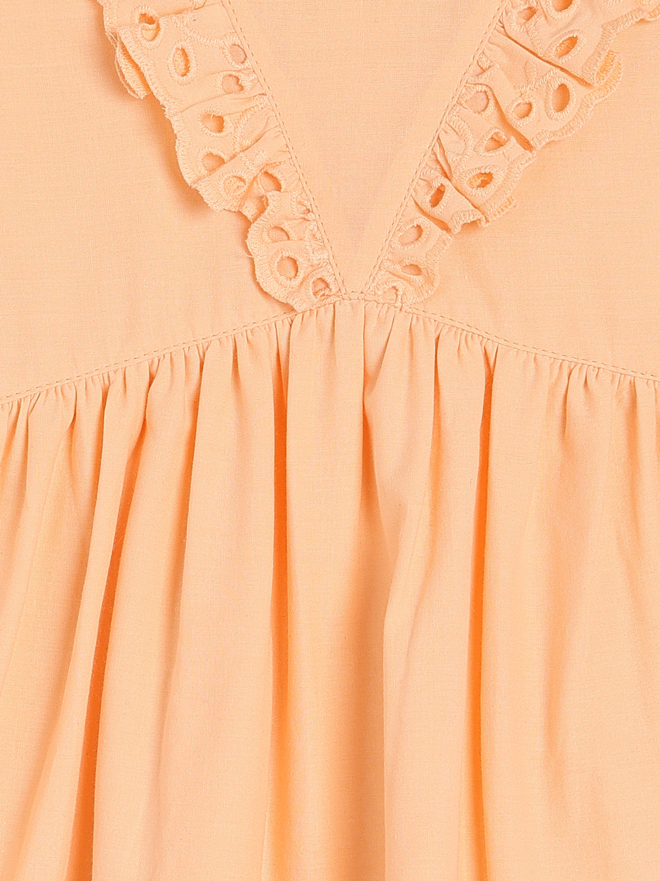 Girls Orange Cotton Half Sleeve Dress