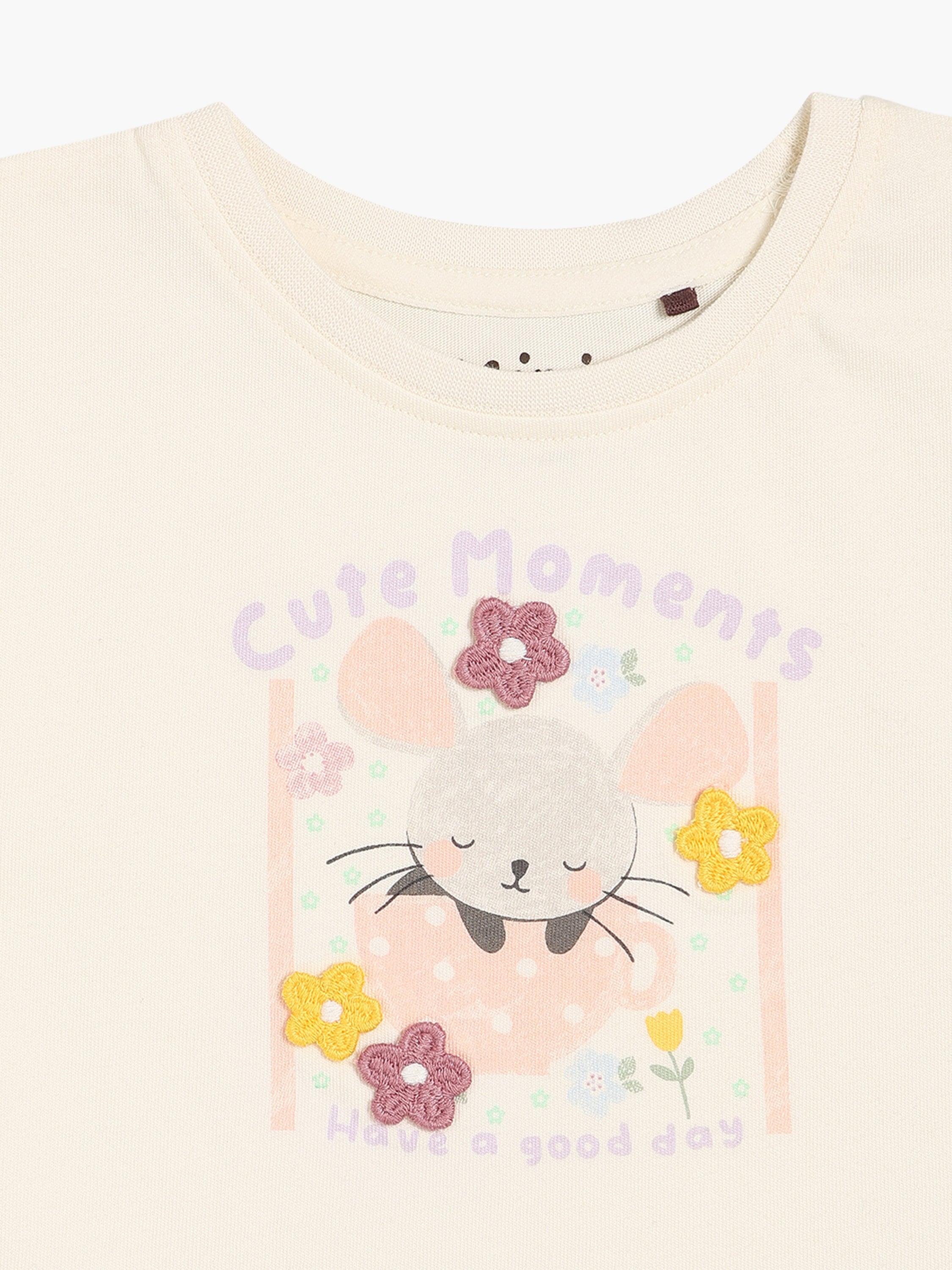 Girls Beige Cotton Half Sleeve Knit Top