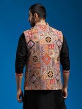 Men's Multicolor Crepe Printed Embroidered Sequinned Full Sleeves Nehru Jacket