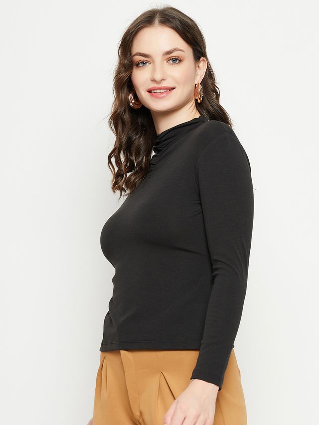 Women's Black High Neck Long Sleeves Top