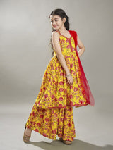 Girls Yellow Floral Printed Anarkali Shape Kurta with Elasticated Sharara and Dupatta