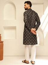 Men's Black Cotton Silk Thread Embroidered Long Kurta with Golden Accents