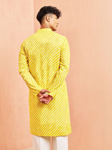 Men's Yellow Cotton Leheriya Printed Kurta