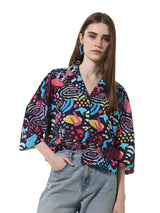 Women's Blue Woven Casual Printed Cropped Half Sleeves Shirt