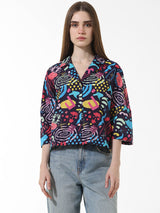 Women's Blue Woven Casual Printed Cropped Half Sleeves Shirt