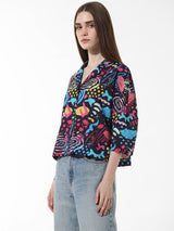 Women's Blue Woven Casual Printed Cropped Half Sleeves Shirt
