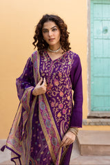 Women's Purple Festive Regular Fit Embroidered Full Sleeves Kurtas Sets