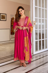 Women's Pink Fusion Regular Fit Embroidered Full Sleeves Kurtas Sets