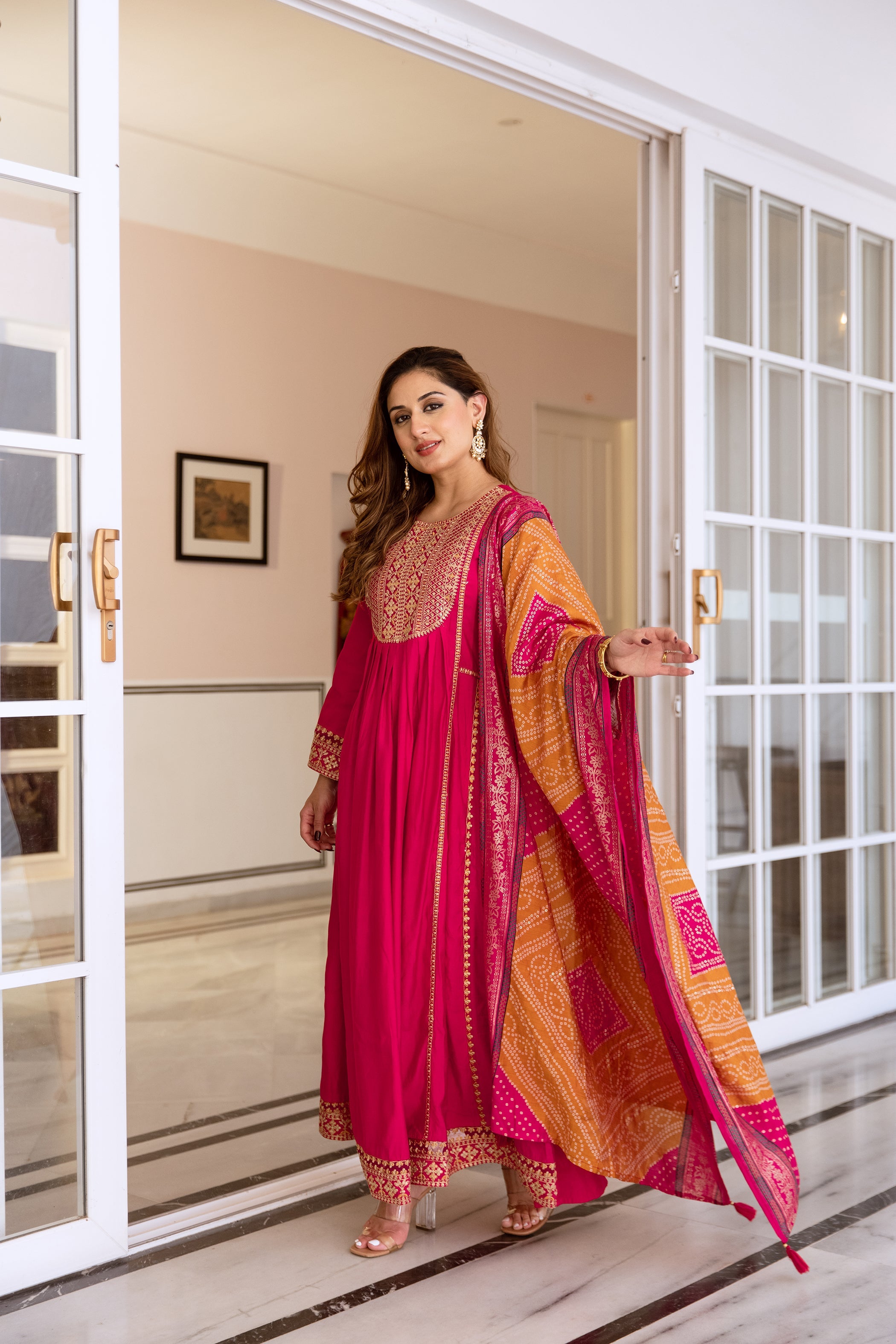 Women's Pink Fusion Regular Fit Embroidered Full Sleeves Kurtas Sets