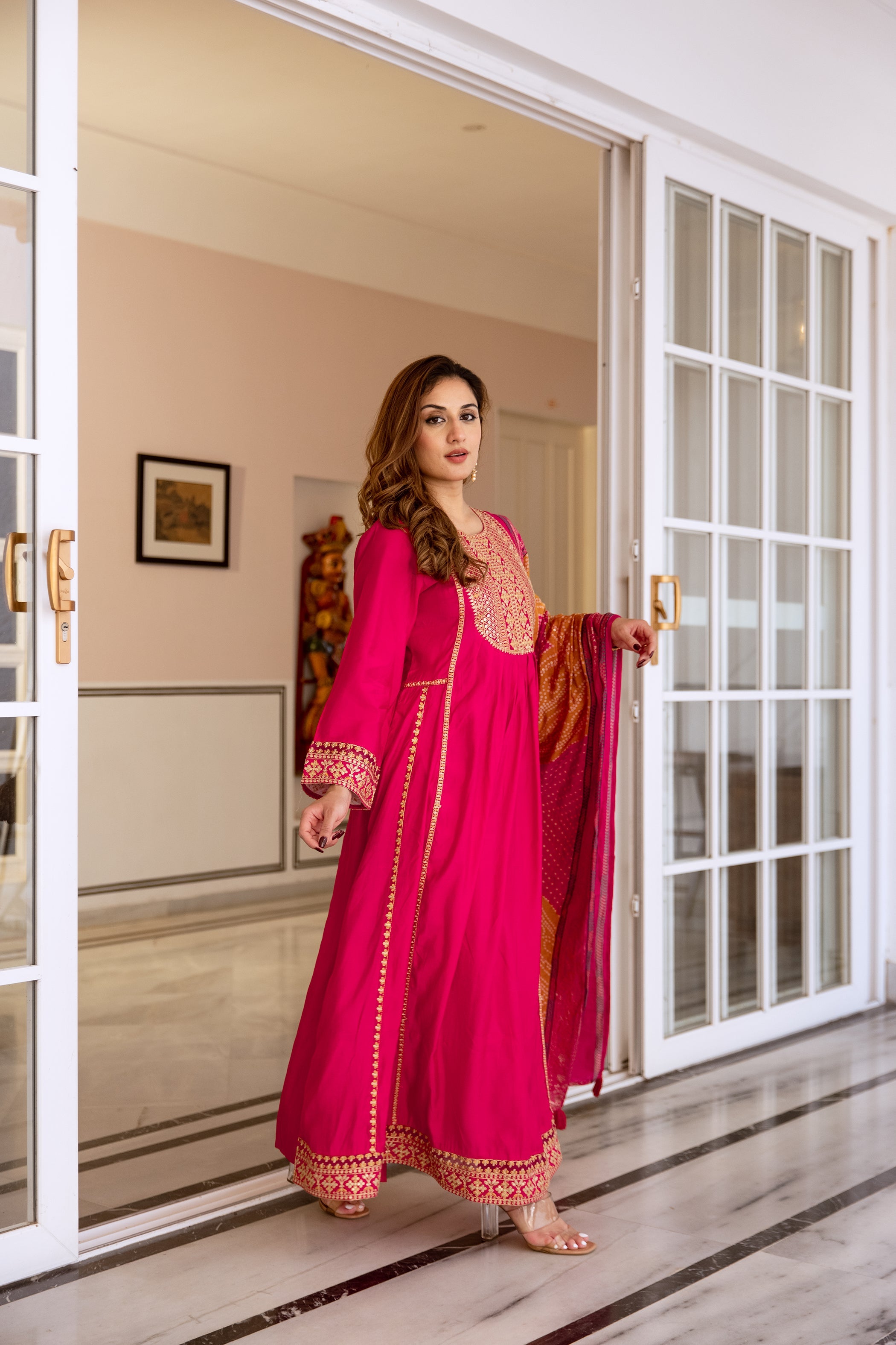 Women's Pink Fusion Regular Fit Embroidered Full Sleeves Kurtas Sets
