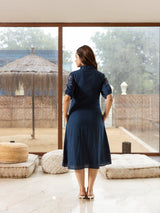 Women's Navy Work Regular Fit Embroidered Three Quarter Sleeves Dress