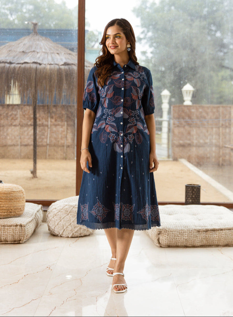 Women's Navy Work Regular Fit Embroidered Three Quarter Sleeves Dress