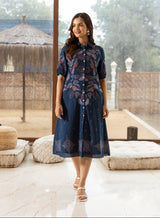 Women's Navy Work Regular Fit Embroidered Three Quarter Sleeves Dress