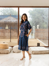 Women's Navy Work Regular Fit Embroidered Three Quarter Sleeves Dress