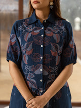 Women's Navy Work Regular Fit Embroidered Three Quarter Sleeves Dress