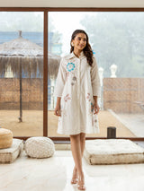 Women's White Work Regular Fit Embroidered Three Quarter Sleeves Dress