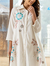 Women's White Work Regular Fit Embroidered Three Quarter Sleeves Dress