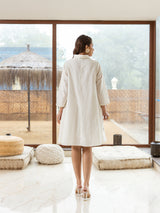 Women's White Work Regular Fit Embroidered Three Quarter Sleeves Dress