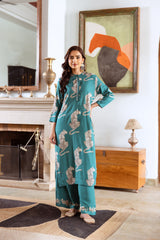 Women's Green Fusion Regular Fit Printed Three Quarter Sleeves Kurtas Sets