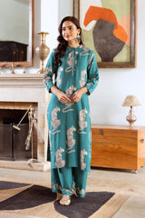 Women's Green Fusion Regular Fit Printed Three Quarter Sleeves Kurtas Sets