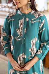 Women's Green Fusion Regular Fit Printed Three Quarter Sleeves Kurtas Sets